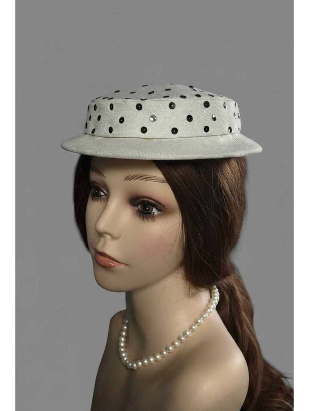 Handmade Vintage Cream with Black Sequin Polka Dot Pillbox Hat